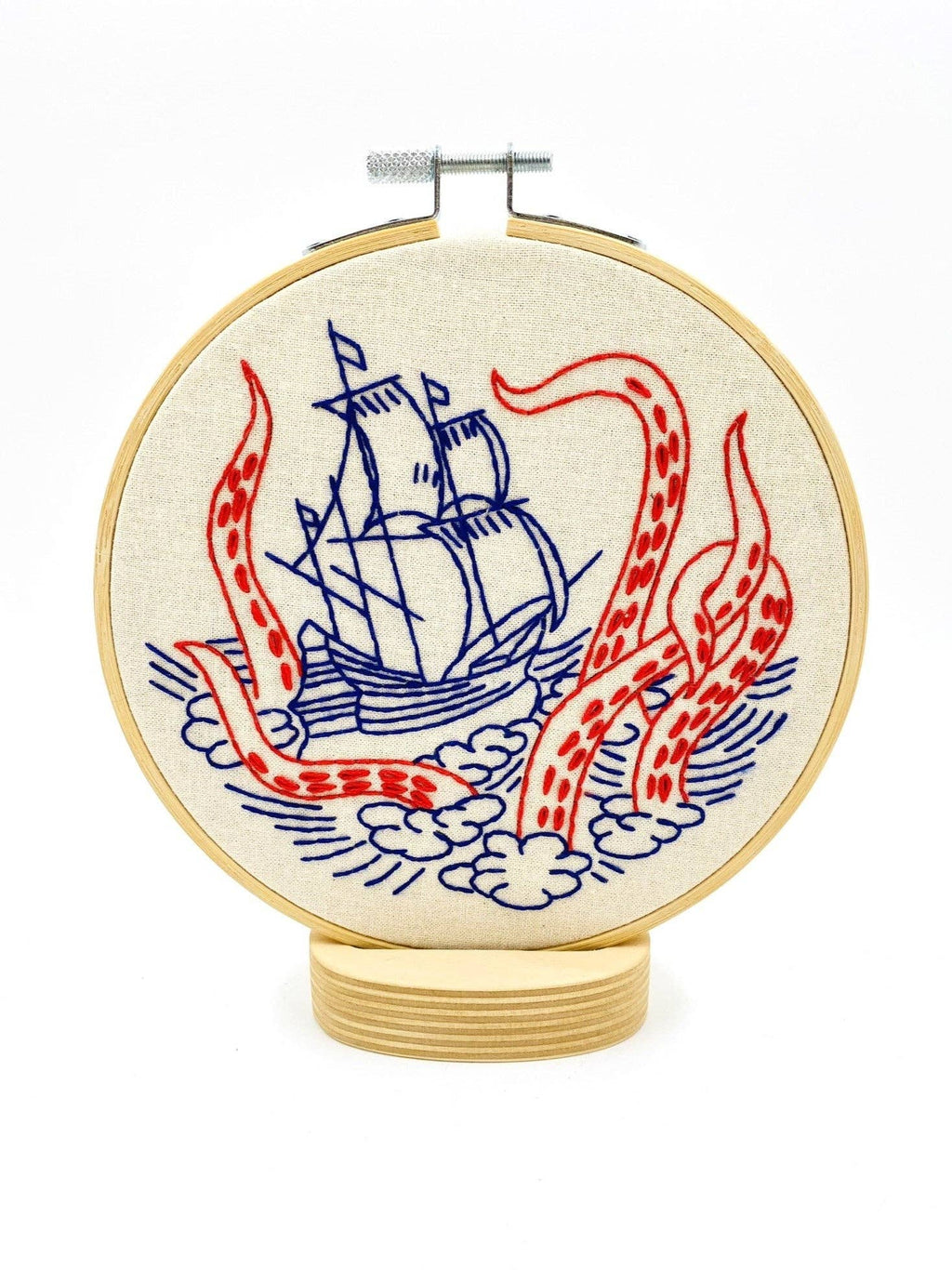 Kraken and Ship embroidery kit contents including hoop, floss and needle