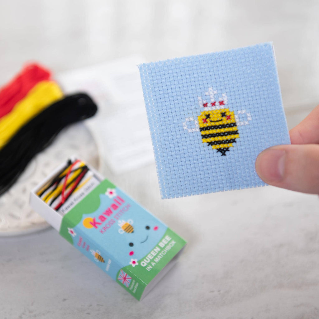 Kawaii queen bee cross stitch design on 14 count Aida