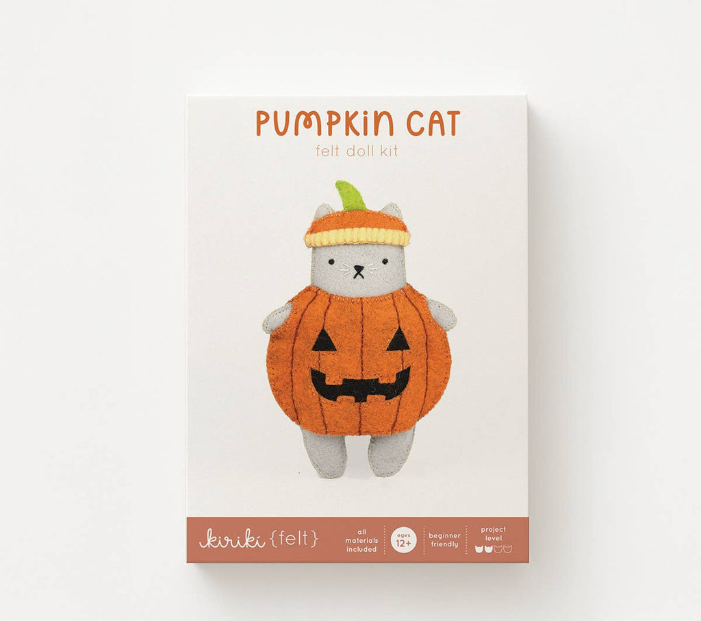 Pumpkin Cat felt doll kit in its screen printed Kiriki Press packaging