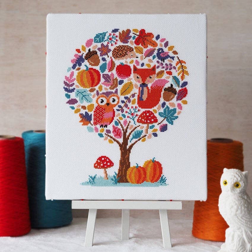 Hello Pumpkin autumn tree cross stitch design stitched in 14 DMC shades on white 14 count aida