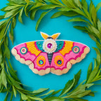 Pink moth felt ornament stitched from wool blend felt with sequins