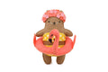 Flamingo Cat felt doll kit by Kiriki Press, a brown cat in a floral swim cap and flamingo pool float