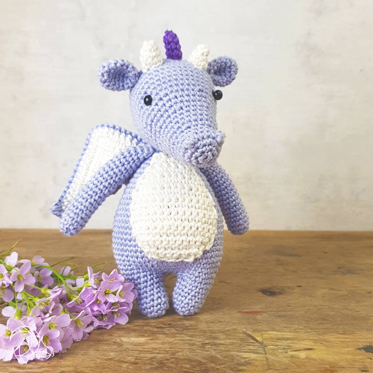 Syl purple dragon amigurumi crochet kit, 100% organic cotton yarn