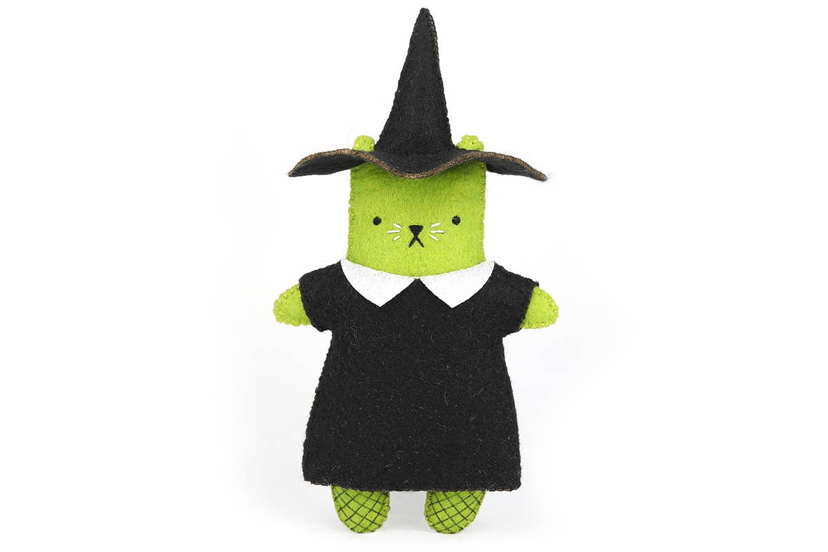 Witch Cat felt doll kit by Kiriki Press, a green cat in a black pointed hat and dress