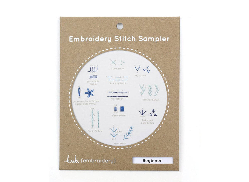Beginner embroidery stitch sampler by Kiriki Press, ten basic hand embroidery stitches screen printed on cotton