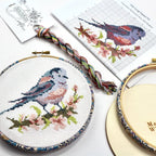 Long-tailed Tit cross stitch kit packaging, listing the chart, aida, threads, needle and wooden back