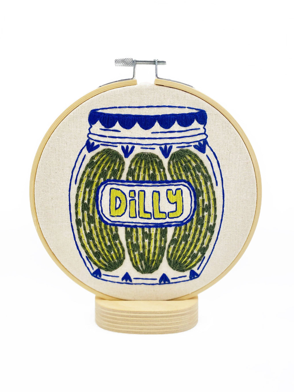 Pickles embroidery kit contents including hoop, floss and needle