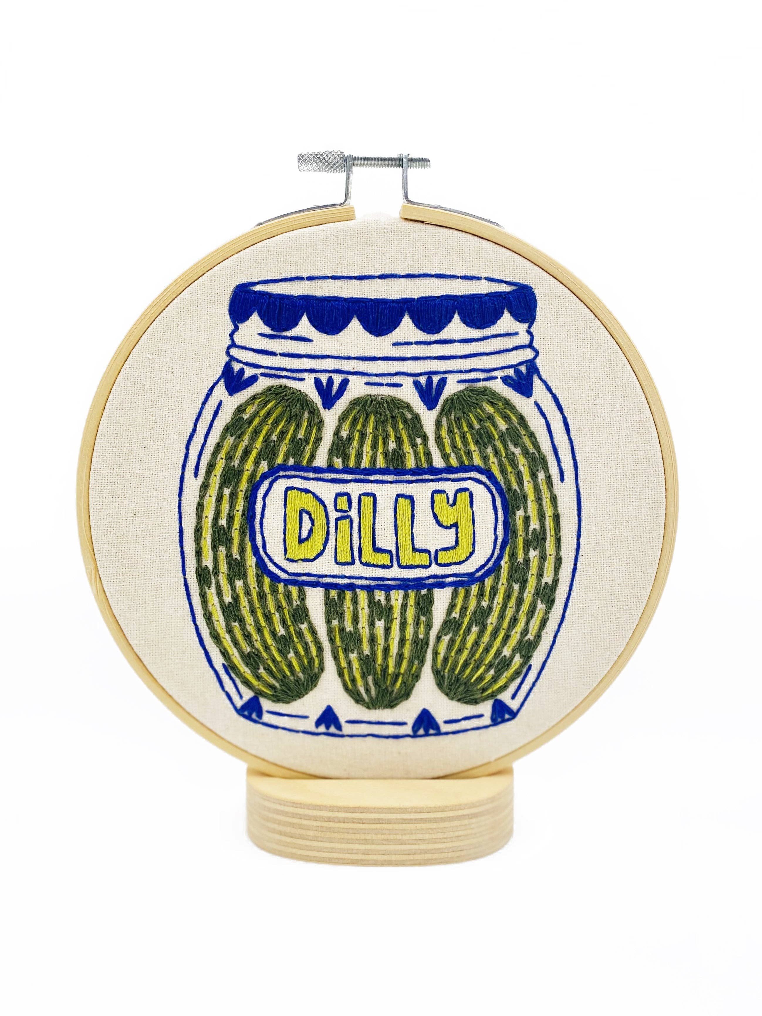 Pickles embroidery kit contents including hoop, floss and needle