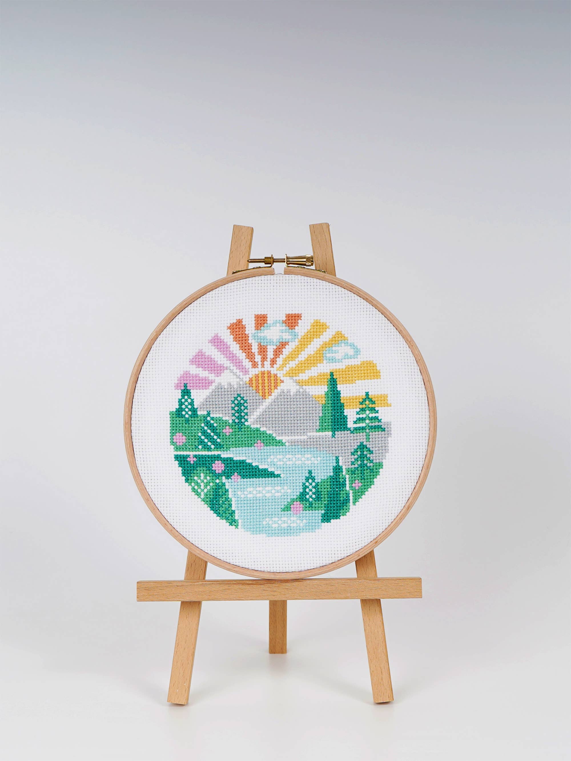 The Wandering Peaks landscape worked entirely in full cross stitch, finishing at 5.1 inches square