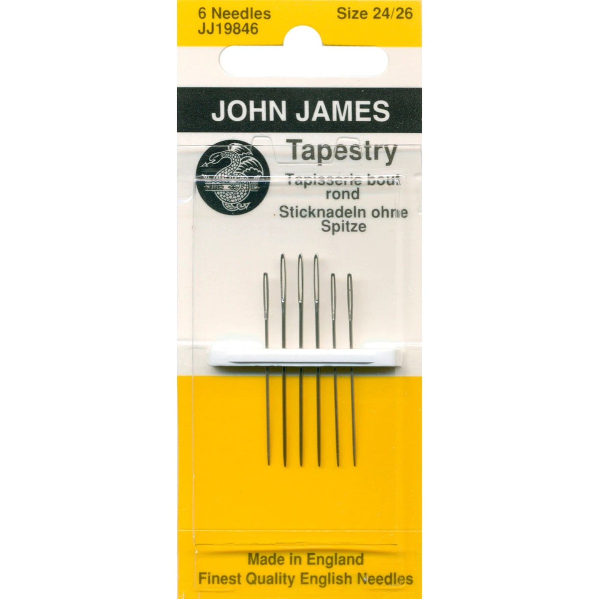 John James tapestry needles in assorted sizes 24 and 26, blunt tip for cross stitch and needlepoint