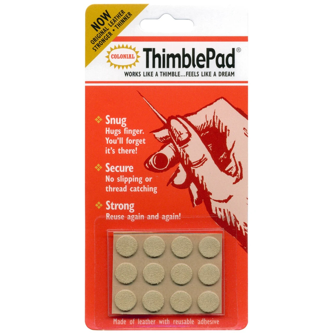 Colonial Needle ThimblePad, a sheet of 12 adhesive suede leather thimble pads