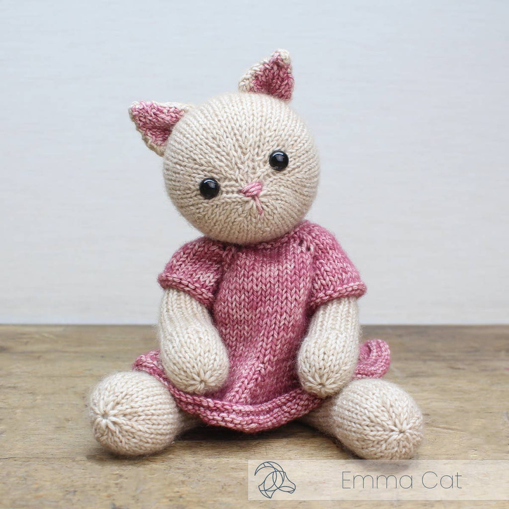 Finished Emma Cat knitted cat wearing a dress, about 25 cm tall
