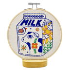 Milk embroidery kit contents including hoop, floss and needle