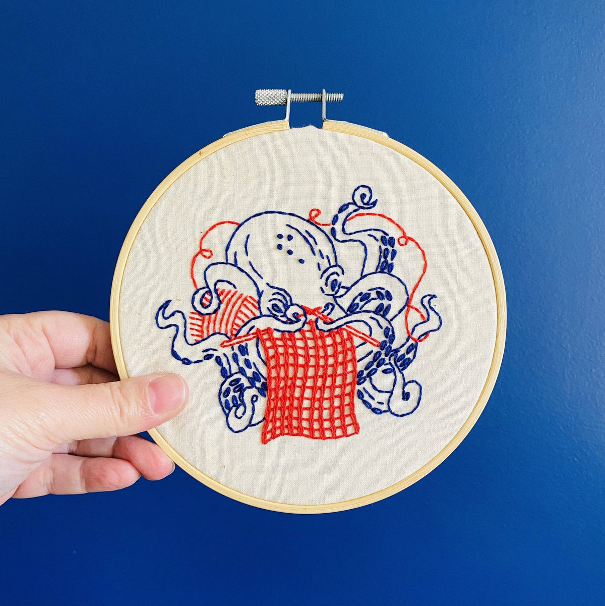 Finished Knitting Octopus embroidery in a 6 inch hoop