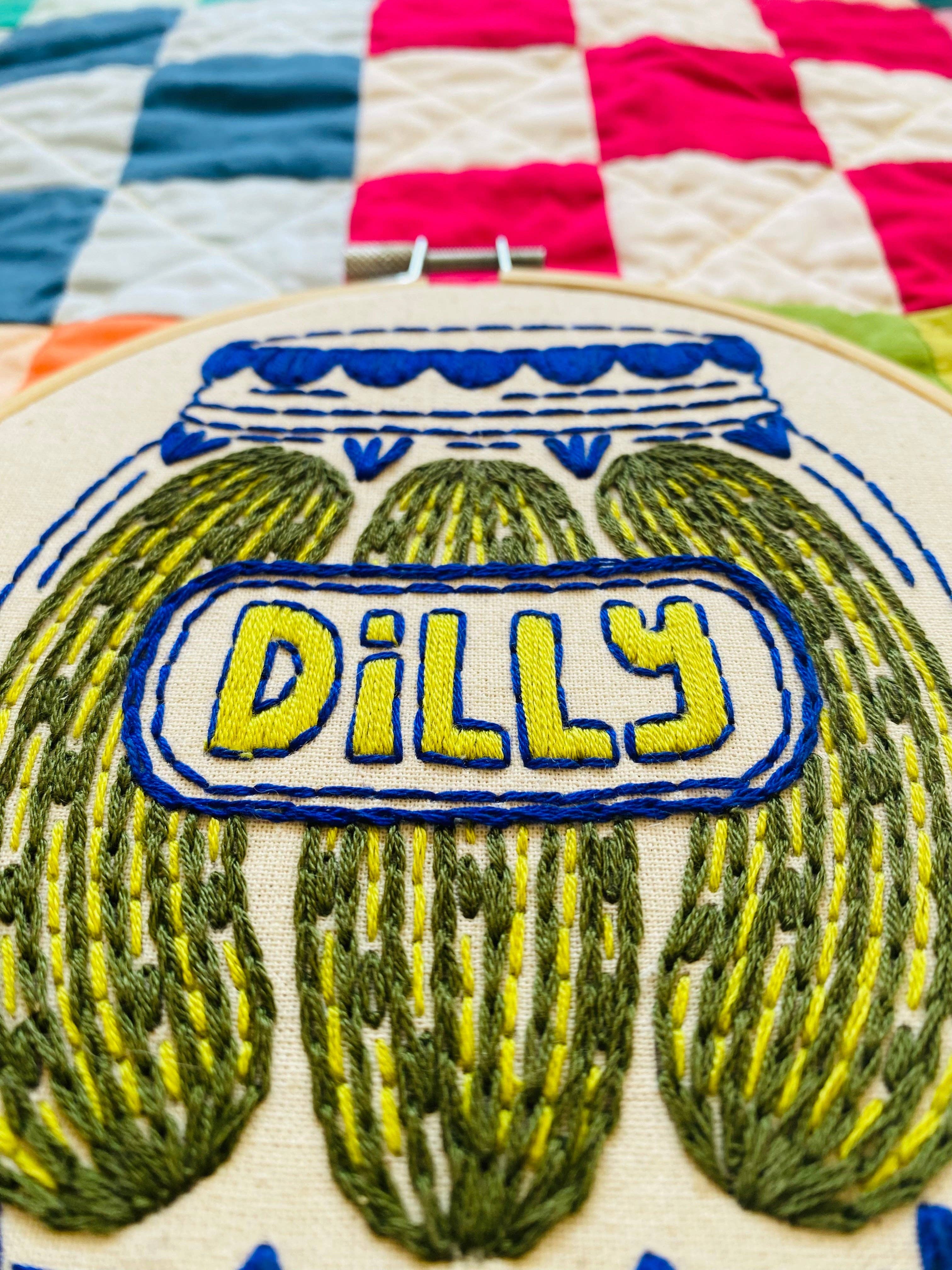 Finished Pickles embroidery in a 6 inch hoop