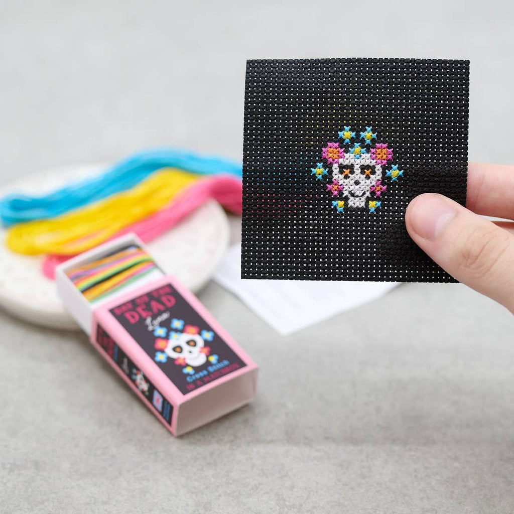 Day of the Dead Luna cross stitch design in jewel colours on black Aida