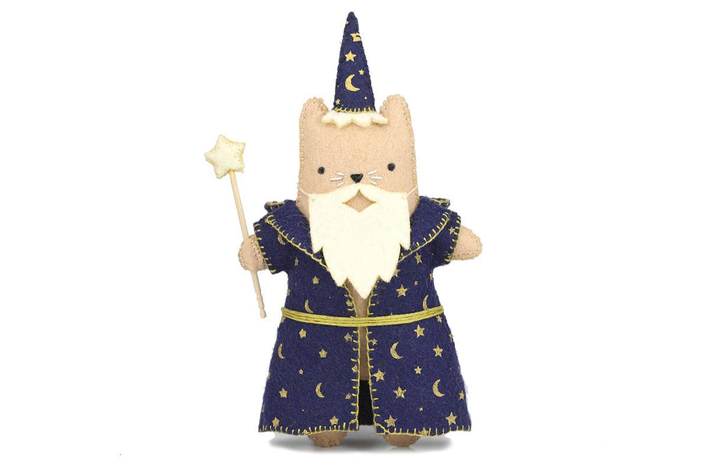 Wizard Cat felt doll kit by Kiriki Press, a cat in a starry navy robe and pointed hat