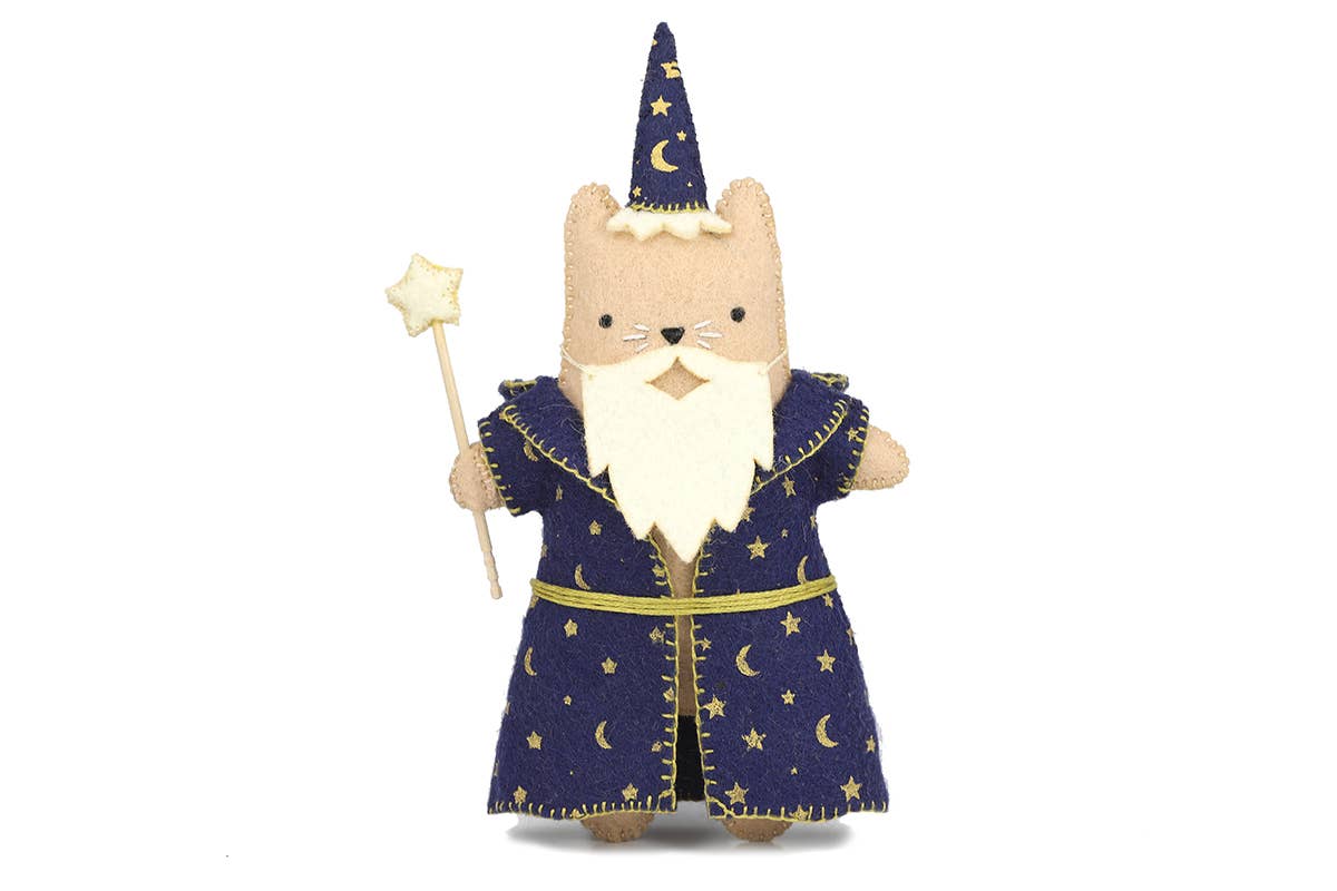 Wizard Cat felt doll kit by Kiriki Press, a cat in a starry navy robe and pointed hat