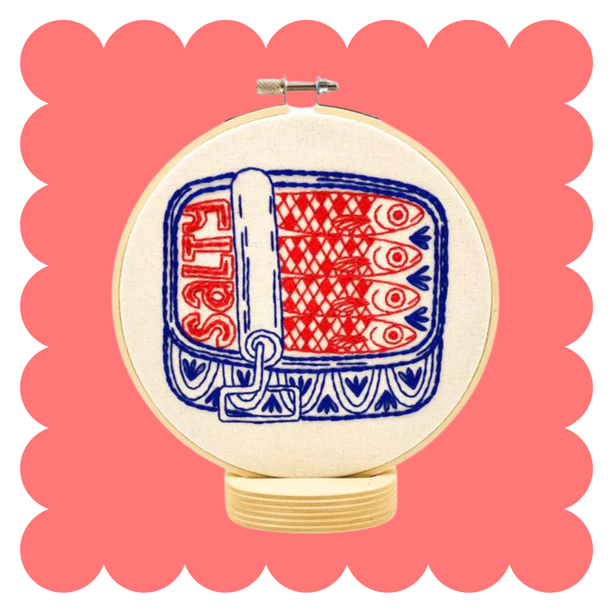 Sardines embroidery design on unbleached cotton in a hoop