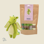 Finished Doris dragon amigurumi in light green, yellow and green organic cotton, 18 cm tall