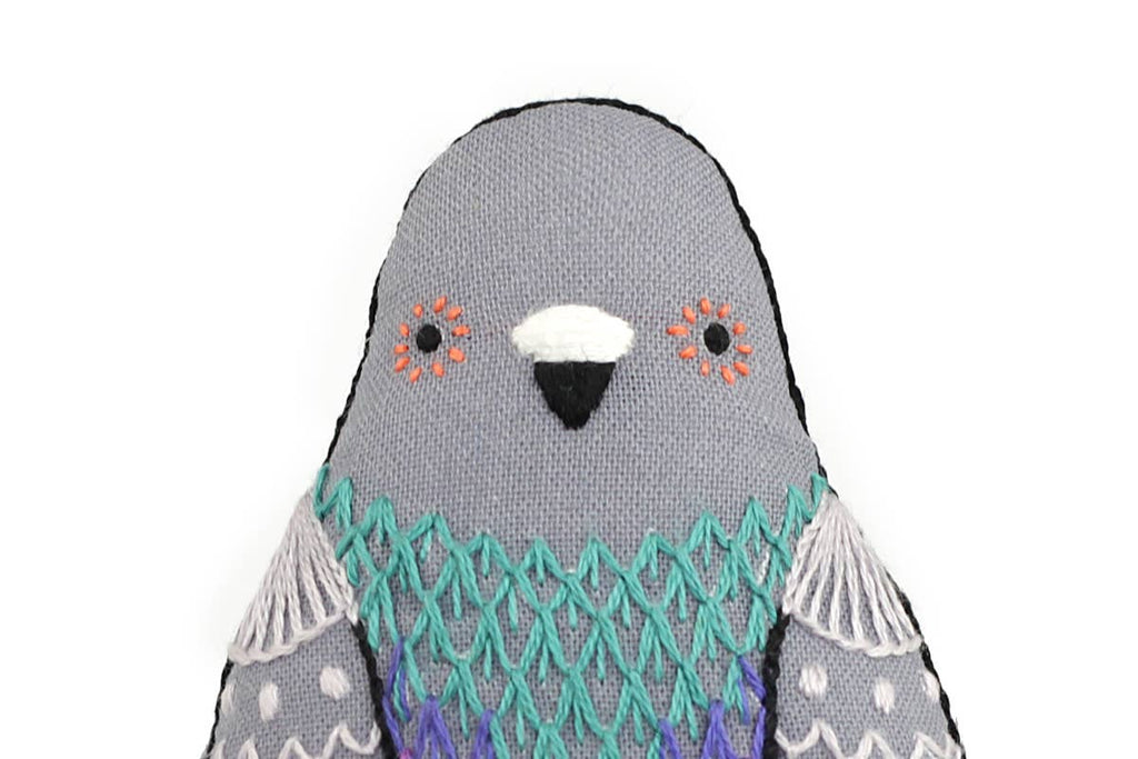 Pigeon embroidered doll kit by Kiriki Press, a level 2 screen printed pattern on cotton