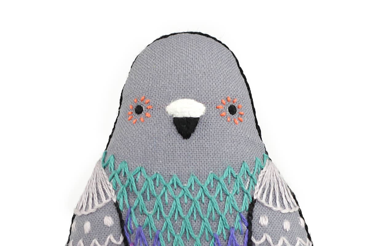 Pigeon embroidered doll kit by Kiriki Press, a level 2 screen printed pattern on cotton