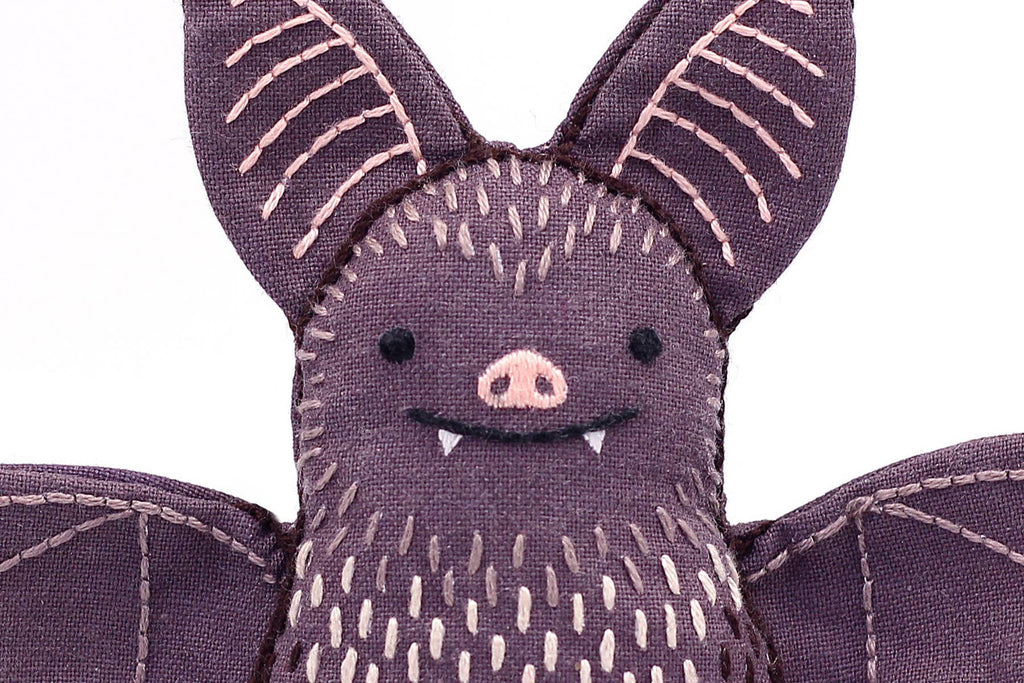 Bat embroidered doll kit by Kiriki Press, a level 1 screen printed pattern on cotton