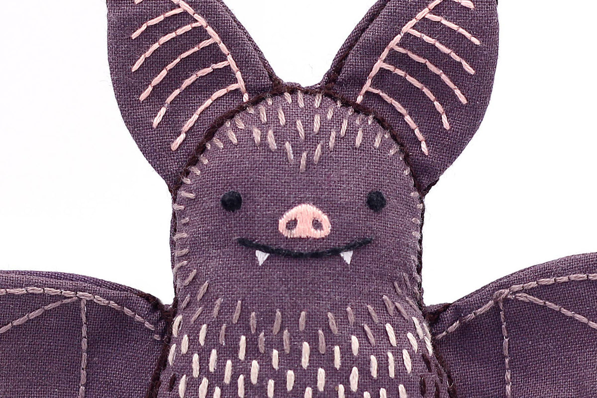 Bat embroidered doll kit by Kiriki Press, a level 1 screen printed pattern on cotton