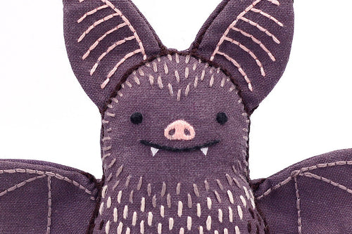Bat embroidered doll kit by Kiriki Press, a level 1 screen printed pattern on cotton