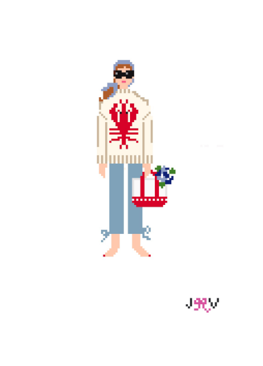 Lobster Sweater Pants Girl needlepoint canvas by Jennifer Vallez, 18 mesh Stitch Printed