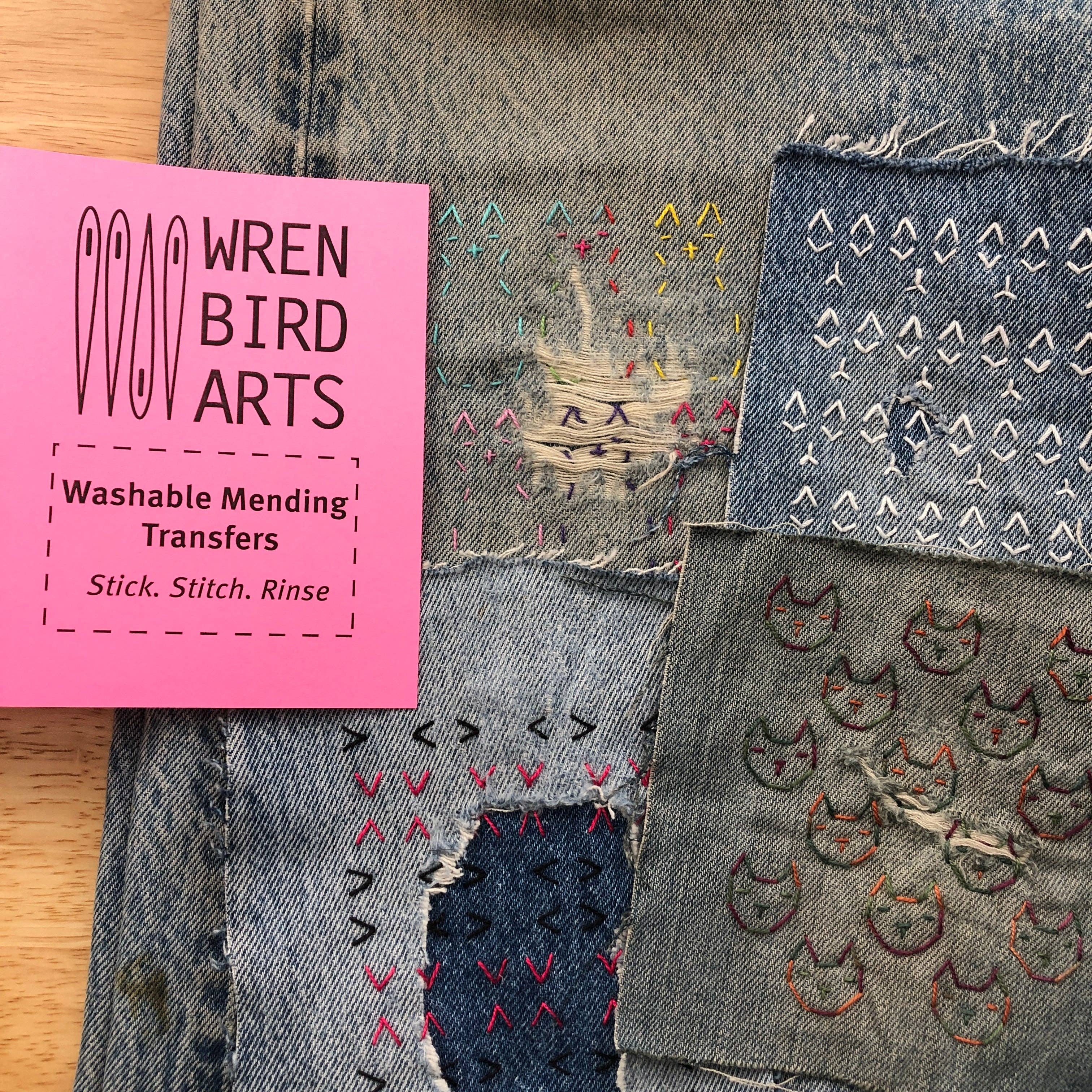 Stick the transfer over the hole, stitch the pattern, rinse the paper away
