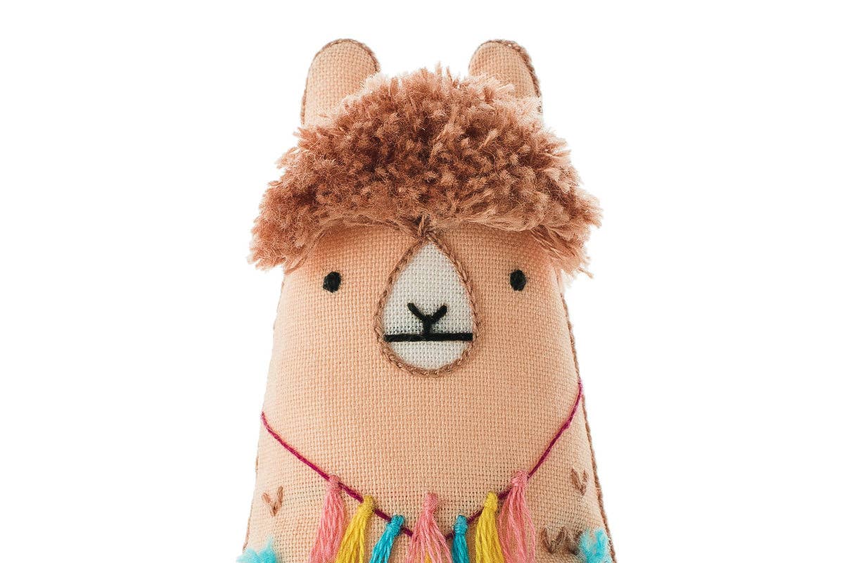 Llama embroidered doll kit by Kiriki Press, a level 2 screen printed pattern on cotton