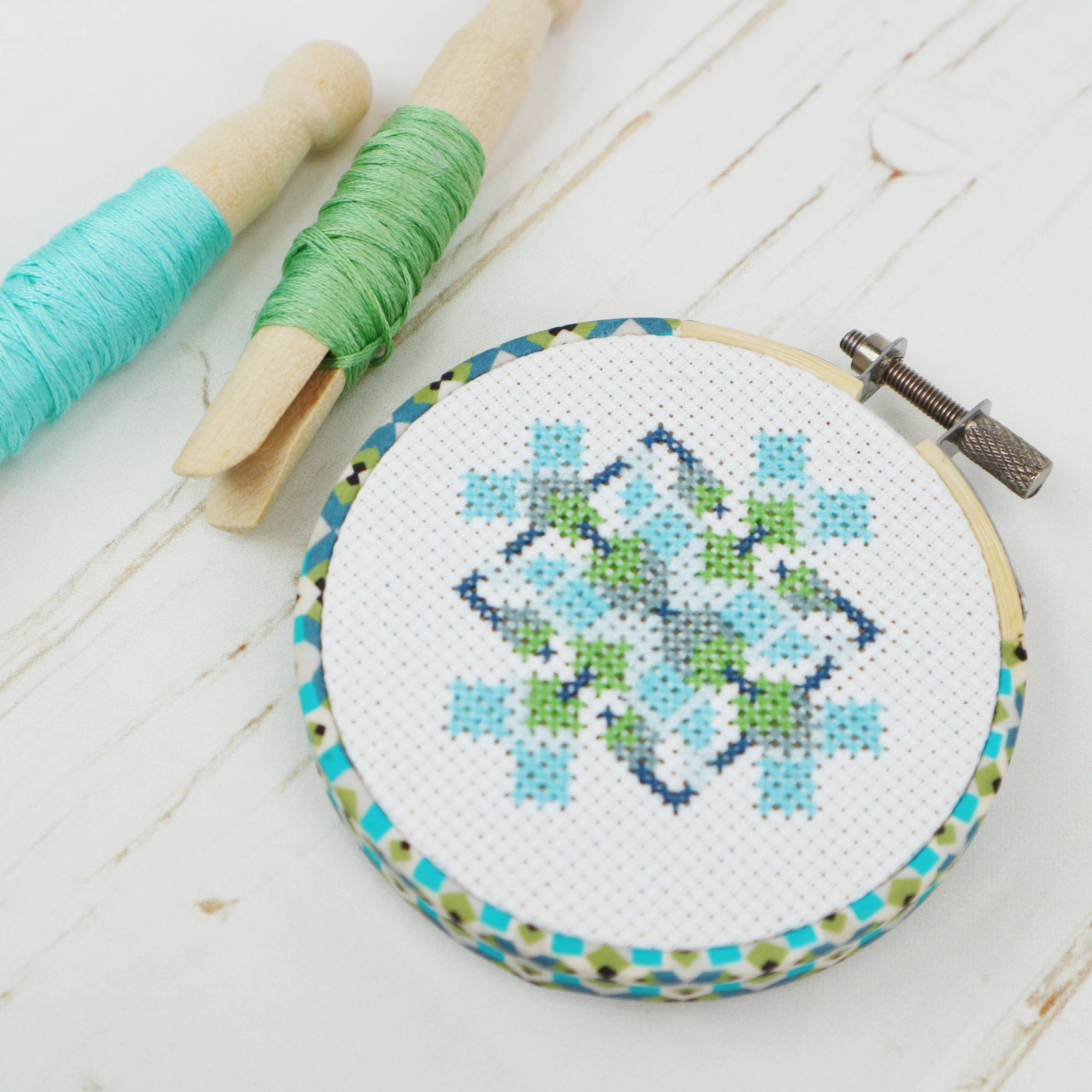 Mini geometric cross stitch kit packaging from Stitchkits Crafts