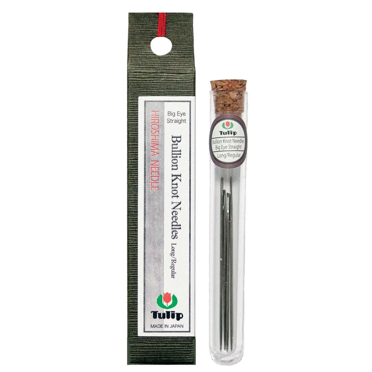 Tulip bullion knot needles, four long needles in a corked tube